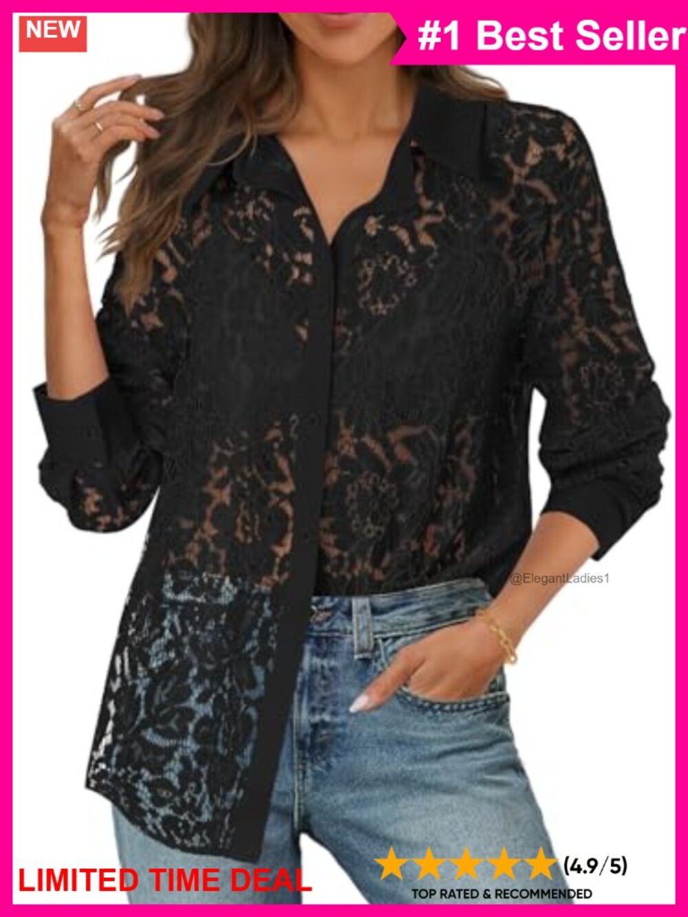 Women's Sheer Floral Lace Button Down Blouse Long Sleeve Dressy Casual Top